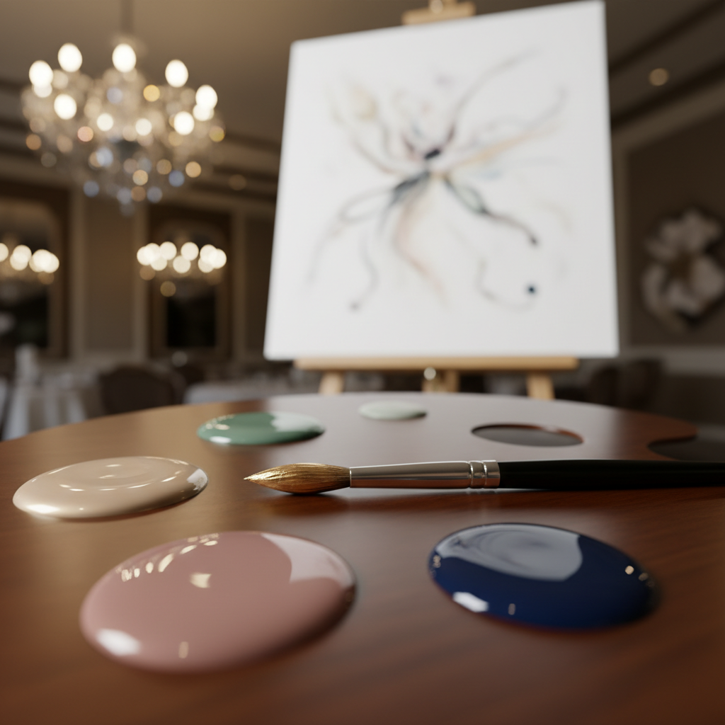 A close-up, cinematic view of a refined live-painting station featuring a smooth wooden palette dotted with carefully arranged pools of creamy acrylic paint in champagne, dusty rose, eucalyptus green, and deep navy. A single, fine-tipped brush lies across the palette, its bristles tipped in wet metallic gold. Behind it, slightly out of focus, stands a tall canvas on an easel, already showing an abstracted suggestion of an elegant celebration scene. Soft, warm indoor lighting from crystal chandeliers above creates delicate highlights on the wet paint and subtle bokeh in the background. Shot in photographic realism from a slightly elevated angle, the atmosphere is intimate, artistic, and luxurious, ideal for conveying the exclusivity of tailor-made live painting.