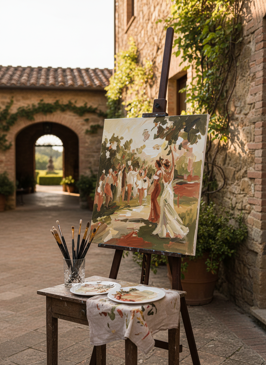 A refined live-painting corner staged in a sunlit Tuscan-style villa courtyard, with a tall, stretched canvas on a dark walnut easel partially covered in sweeping, gestural strokes of terracotta, cream, and olive green, evoking an outdoor celebration. At the base of the easel, a small wooden side table holds an organized row of paintbrushes in a crystal tumbler, porcelain palettes with blended tones, and a linen cloth delicately stained with color. Warm, late-afternoon Mediterranean sunlight bathes the stone walls and climbing vines, casting dappled shadows across the setup. Captured in photographic realism at a three-quarter angle, the composition uses the rule of thirds to balance the canvas with the rustic architecture, creating a mood of destination elegance and artistic romance for European events.