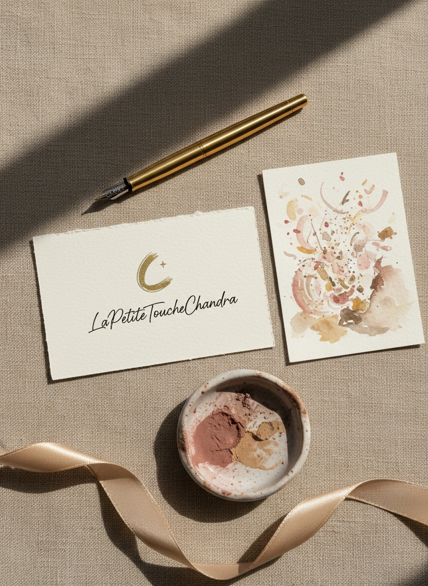 An elegant flat-lay composition of brand elements for a bespoke live-painting service: a creamy, textured business card featuring a minimalist logo and the name “LaPetiteToucheChandra” in fine black script, placed beside a small watercolor sketch of an abstract celebration scene. Nearby, a slender gold fountain pen, a ceramic mixing dish with dried blush and taupe pigments, and a satin ribbon in muted champagne are artfully arranged on a linen-covered surface in warm beige. Soft, directional window light from the left creates refined shadows and highlights the tactile quality of the paper and fabrics. Photographic realism with sharp focus across the frame conveys a mood of understated luxury, professionalism, and artistic finesse, perfect for sophisticated branding.